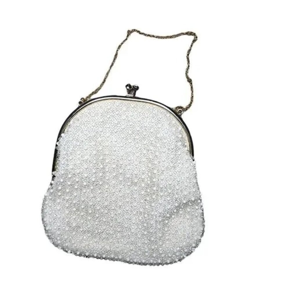 Vintage Handbag White Beaded Clamshell Purse Chain Strap Sequin Small 50's